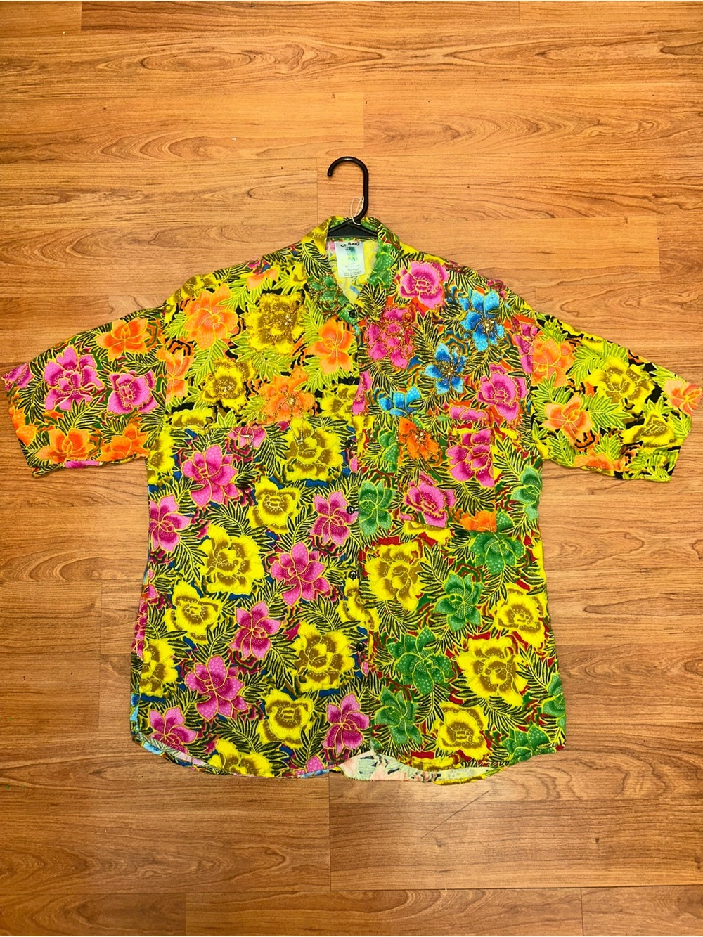 Vintage 80s Le Raul Rayon Blouse With Beading And Shoulder Pads, One size